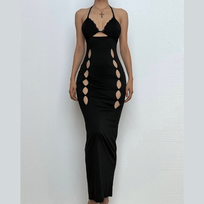 Halter v neck lace hem hollow out cut out maxi dress-final-sale