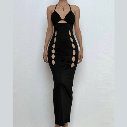 Halter v neck lace hem hollow out cut out maxi dress-final-sale