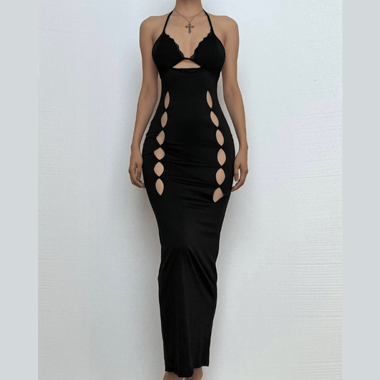 Halter v neck lace hem hollow out cut out maxi dress-final-sale