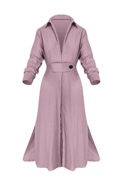Full-Sleeve V Neck Belt Button Pocket Midi Dress