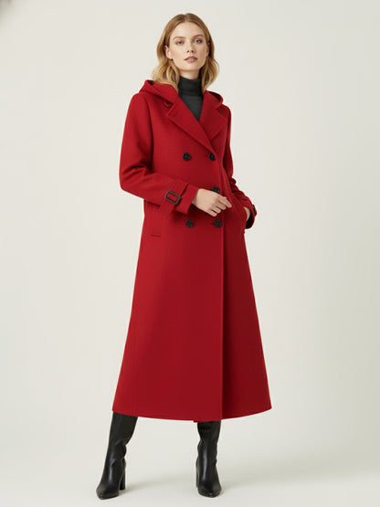 Hooded Double-Breasted Long Woolen Coat With Cuff Tabs For Women 2026