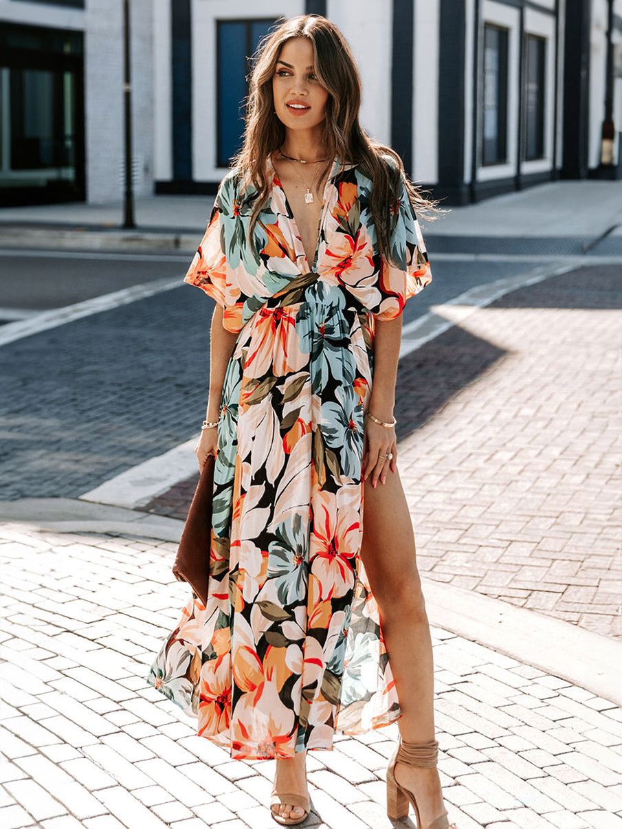 Deep V Neck Tropical Floral Maxi Dress for Women - Multi Print Split Hem Boho Dress - Summer Beach Vacation 2026