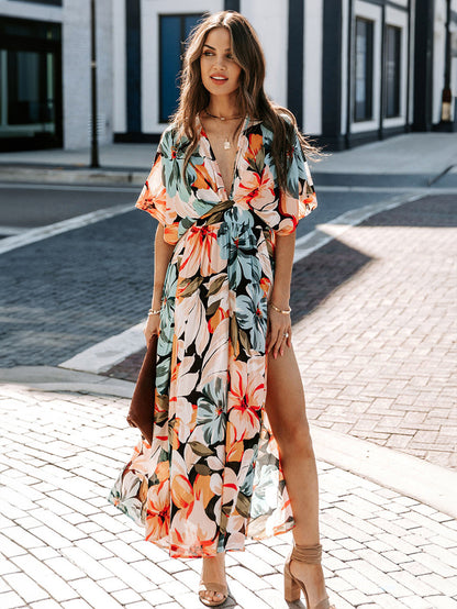 Deep V Neck Tropical Floral Maxi Dress for Women - Multi Print Split Hem Boho Dress - Summer Beach Vacation 2026