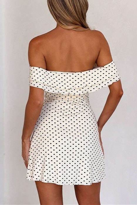 Polka Dot Off-Shoulder Twisted Sweetheart Ruffle Sleeve Bodycon Mini Dress