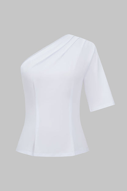 Sloid Pleated One Shoulder T-Shirt