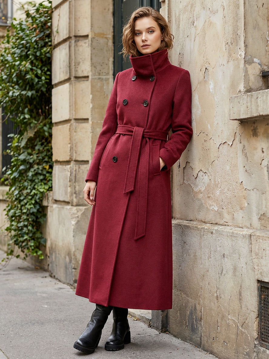Belted Long Woolen coat with Double-breasted and high collar For Women 2026