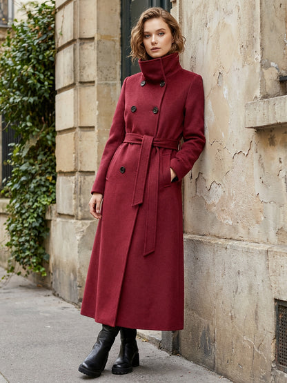 Belted Long Woolen coat with Double-breasted and high collar For Women 2026