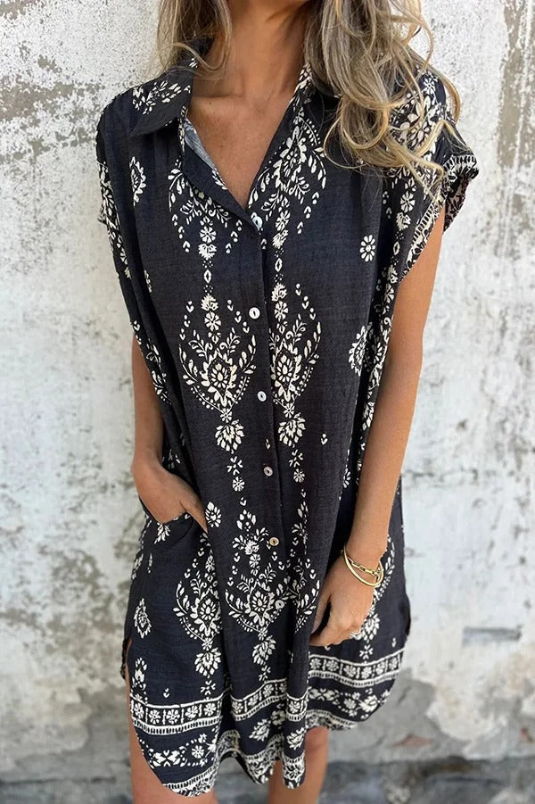 Linen Blend Unique Print Lapel Casual Pocket Mini Dress