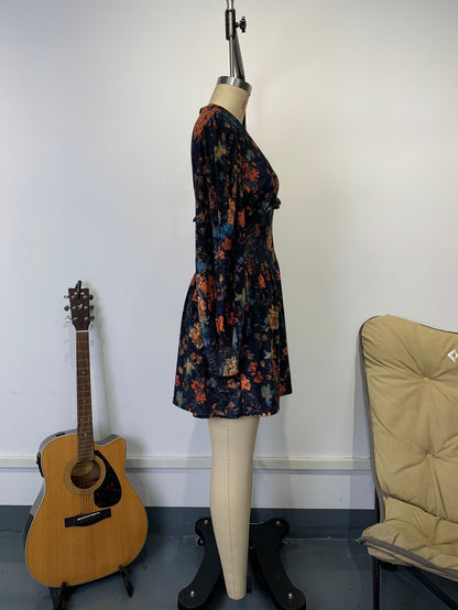 Vintage Smocked Waist V-Neck Long Sleeve Floral Print Mini Dress For Women 2026