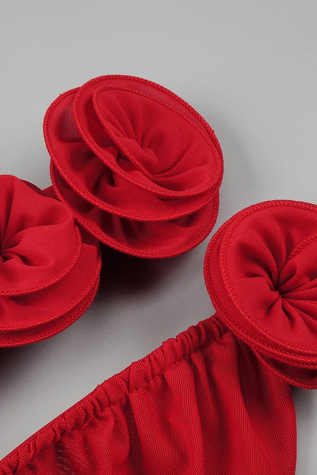 Bonnie Asymmetrical Rose Ruched Mini Dress