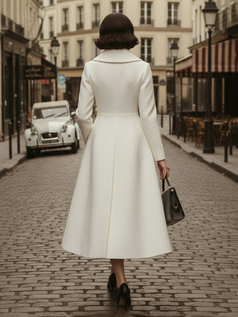 Vintage Unique Lapel A-line Woolen Flared Coat In White For Women 2026
