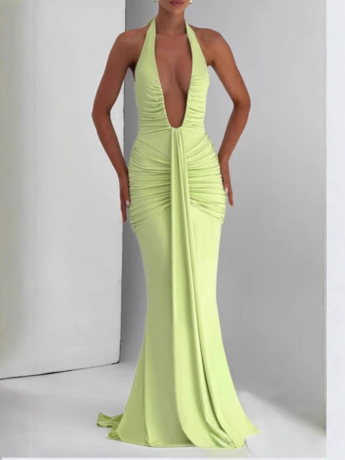 Deep V Halter Neck Gown with Train Elegant Women_Dress