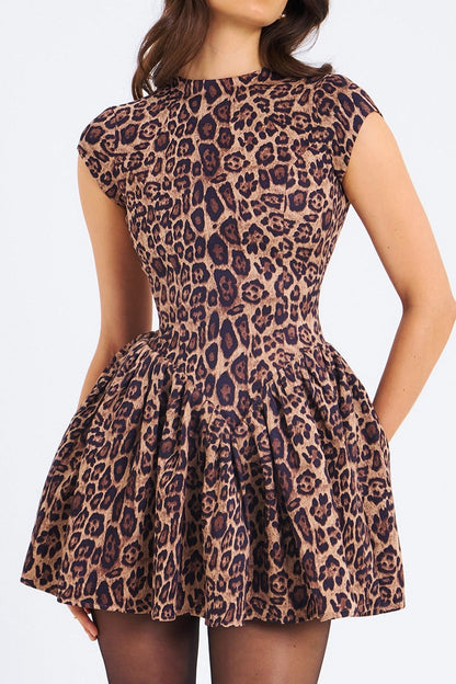 Print High Neck Pleated Skater Mini Dress