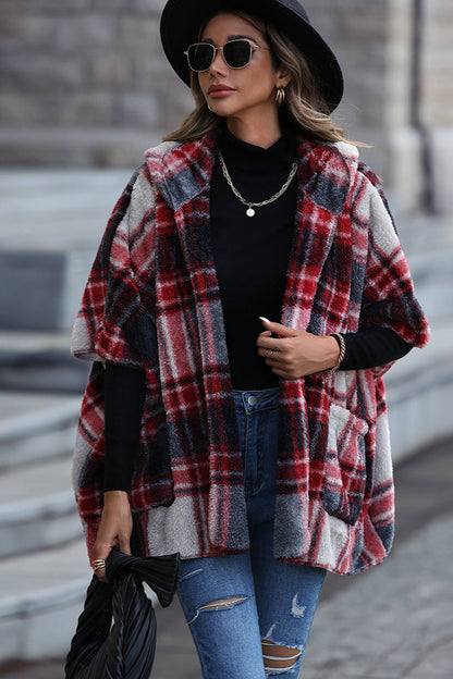 Fuzzy Plaid Hooded Short Sleeve Coat