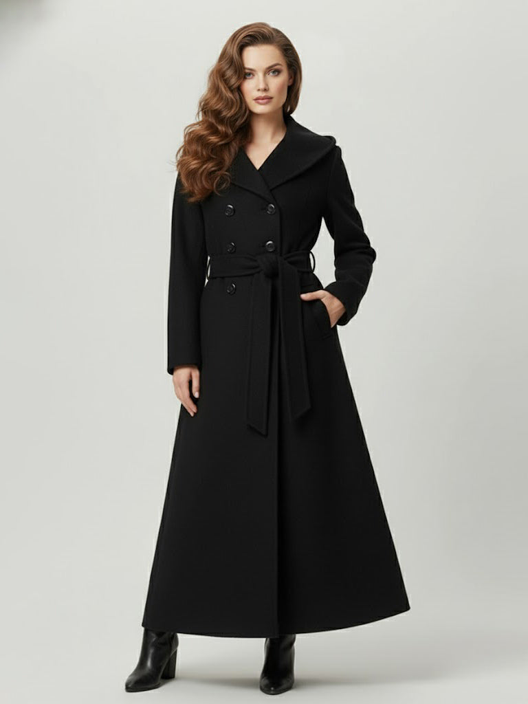 Wool Blend Maxi Hooded Coat With Double-Breasted Design For Women 2026
