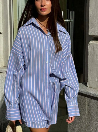 Blue Print Single Breasted Shorts Office Two Piece Set