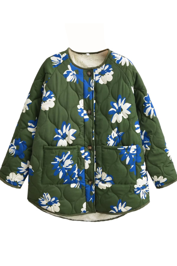 Floral Printed Round Neck Single Breasted Thin Cotton Jacket