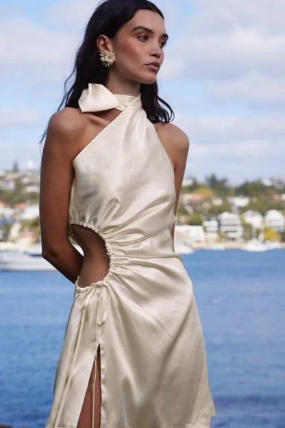 Halter Bow Neck Side Cutout High Slit Satin Midi Dress