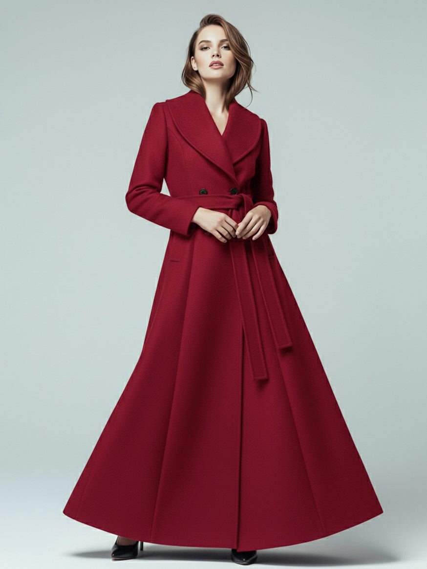 Woolen Belted Maxi Coat With Shawl Collar And Double-breasted For Women 2026