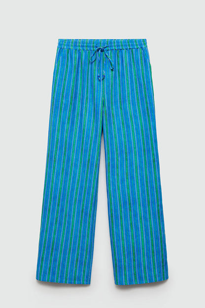 Linen Blend Striped Button Halter Backless Vest and Elastic Waist Pocket Pants Set