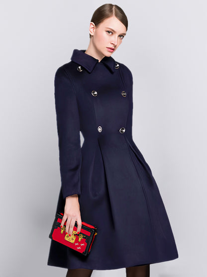 Flared Woolen Coat In Burgundy Double-Breasted Turndown Collar A-line Winter Midi Outerwear For Women 2026