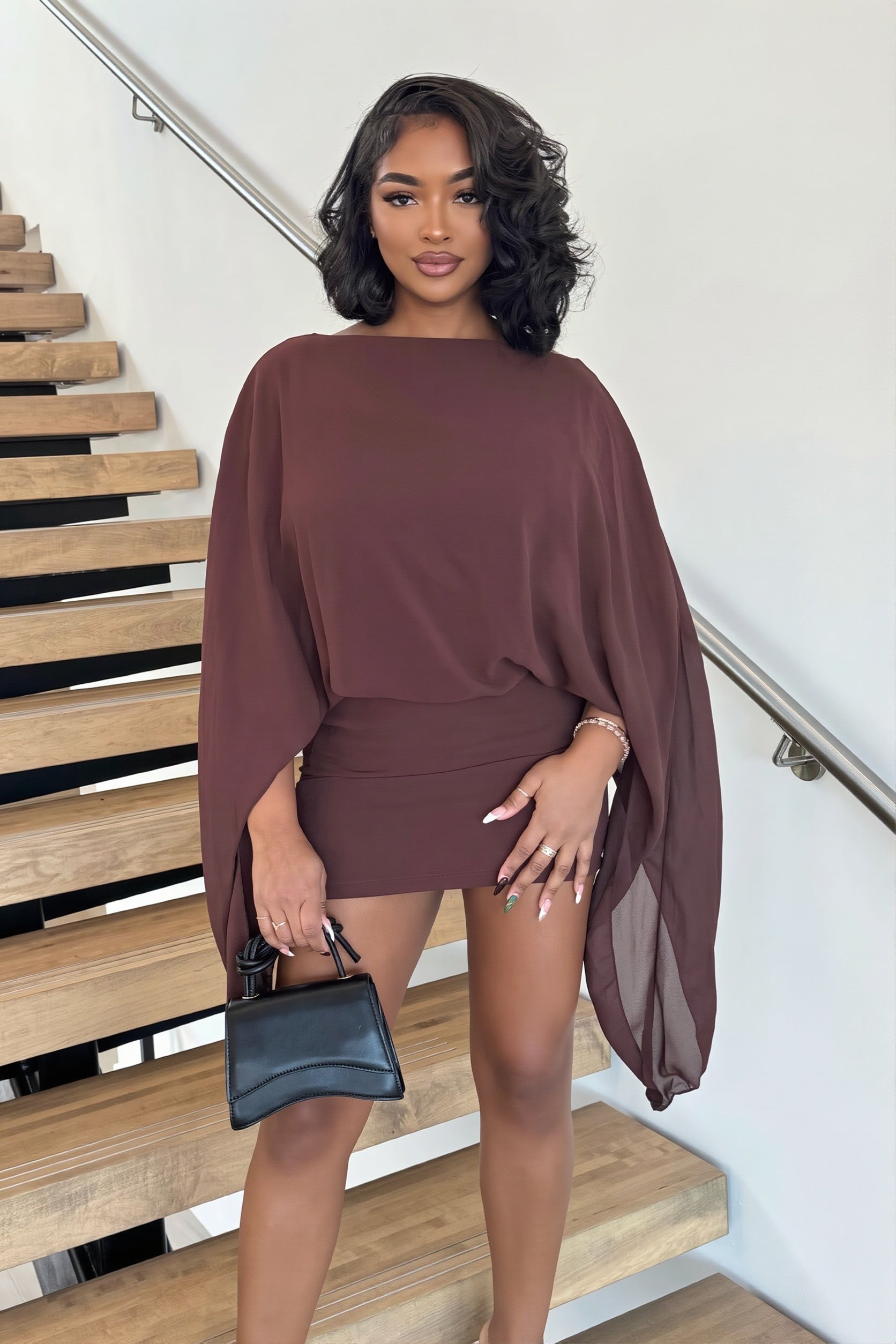 Boat Neck Sheer Batwing Cape Sleeve Draped Blouson Bodycon Mini Dress