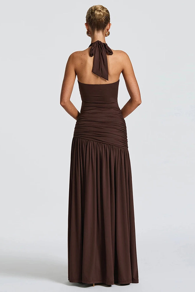 Halter Neck Draped Waist Seashell Buckle Thigh Slit Tiered Maxi Dress