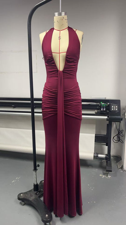 Deep V Halter Neck Gown with Train Elegant Women_Dress