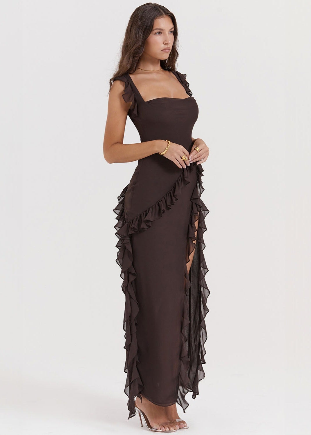 Elara - Ruffled High-Slit Gown