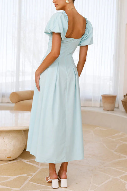 V Neck Twist Front Puff Sleeves Cut Out Maxi Dress
