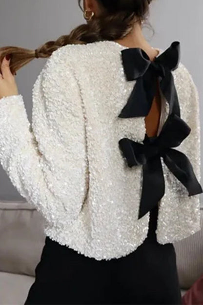 Long Sleeves Bow Knot Glitter Sequin Top