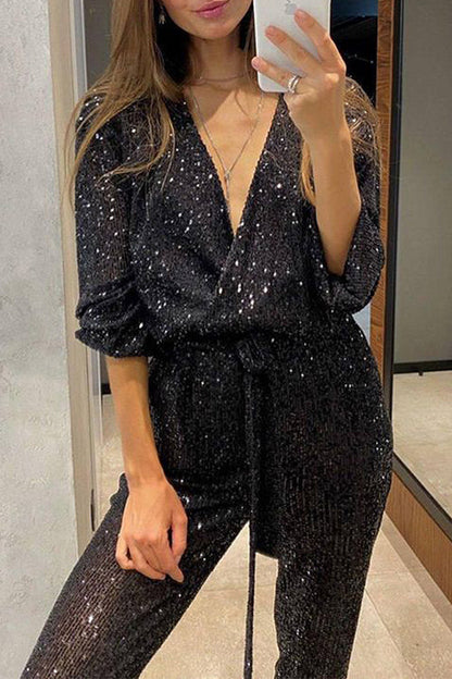 Wrap V Neck Tie Waist Sequin Jumpsuit