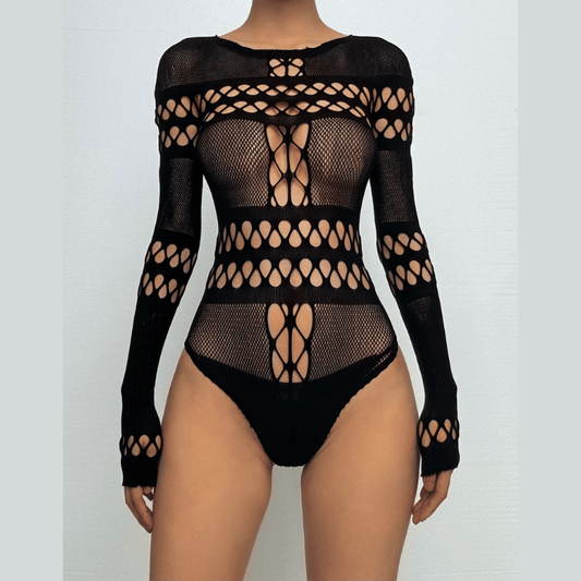 Long sleeve hollow out fishnet bodysuit