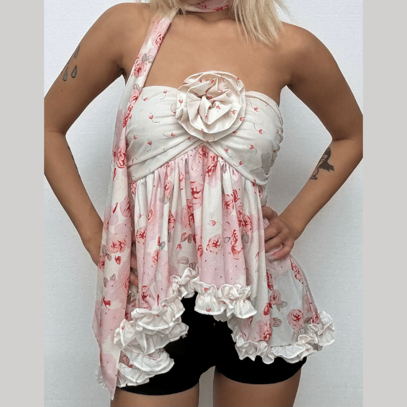 Flower applique ruffle print top