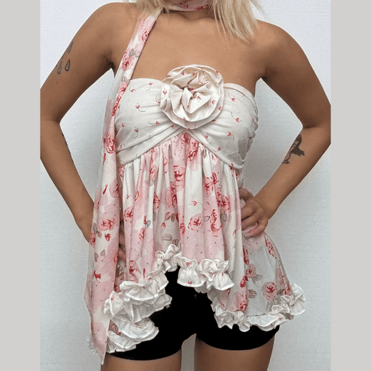 Flower applique ruffle print top