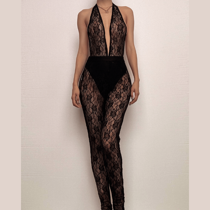 Halter deep v neck see through lace pant set