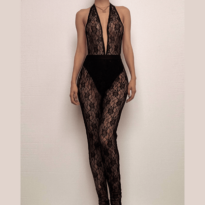 Halter deep v neck see through lace pant set