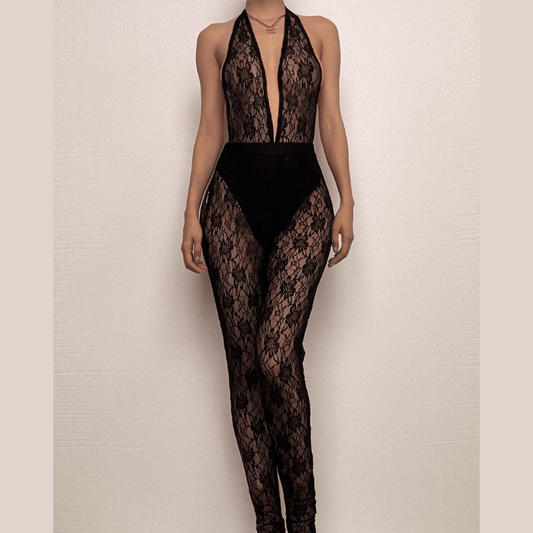 Halter deep v neck see through lace pant set