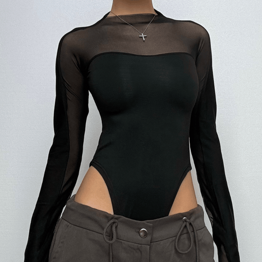 Long sleeve high neck mesh patchwork bodysuit