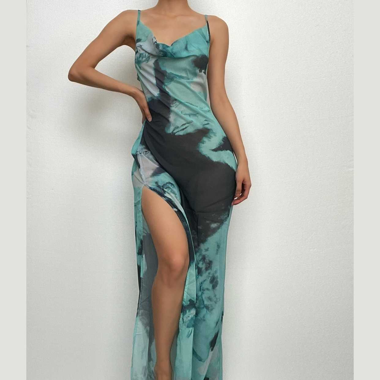 Abstract Tie Dye Print Cowl Neck Spaghetti Strap High Slit Maxi Dress