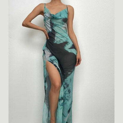 Abstract Tie Dye Print Cowl Neck Spaghetti Strap High Slit Maxi Dress