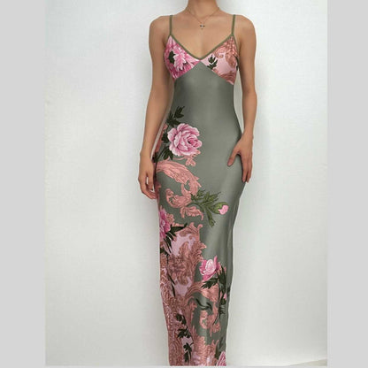 Spaghetti Strap V-Neck Floral Baroque Print Satin Bodycon Maxi Dress