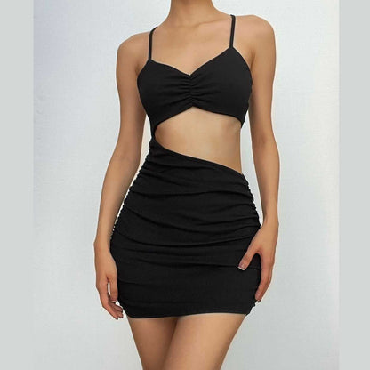 Hollow Out V Neck Side Cutout Ruched Spaghetti Strap Mini Dress