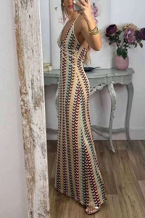 Meridress Halter V Neck Backless Color Block Crochet Maxi Dress