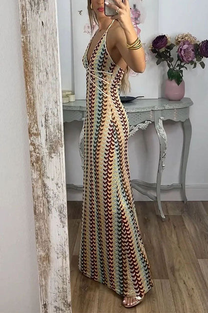 Meridress Halter V Neck Backless Color Block Crochet Maxi Dress