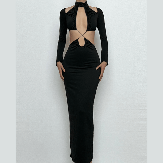 Hollow out cross front solid long sleeve halter cut out midi dress