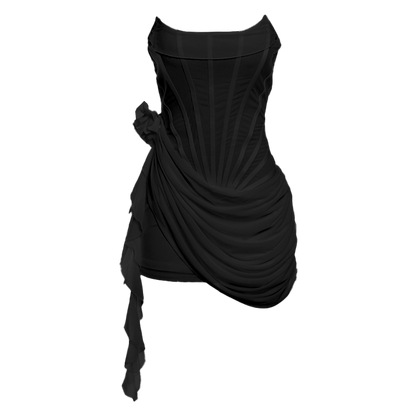 Bustier flower applique ruched ruffle mini dress