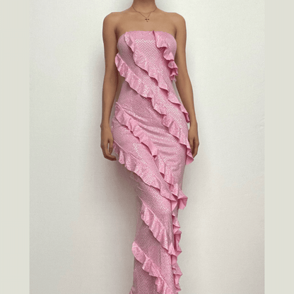 Ruffle textured ruched backless tube midi dress