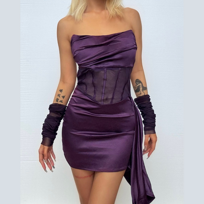 Ruched zip-up mesh corset irregular tube mini dress