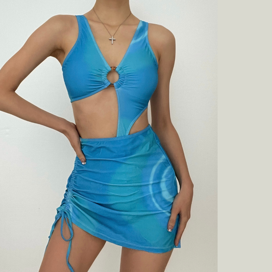Hollow out o ring contrast drawstring one piece swimwear with cut out mini skirt
